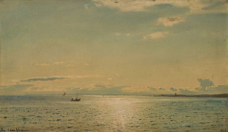 Paisaje con luz del sol sobre el agua de Amaldus Nielsen, pintura al óleo