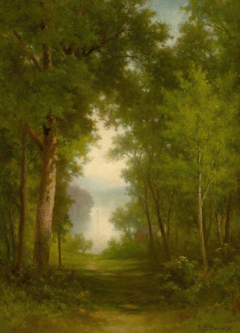 Escena de bosque con luz y sombra, pintura al óleo de Andrew Fisher Bunner