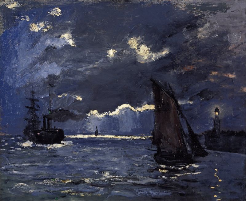 A Seascape, Shipping by Moonlight de Claude Monet, pintura a óleo que mostra barcos em um mar iluminado pela lua.