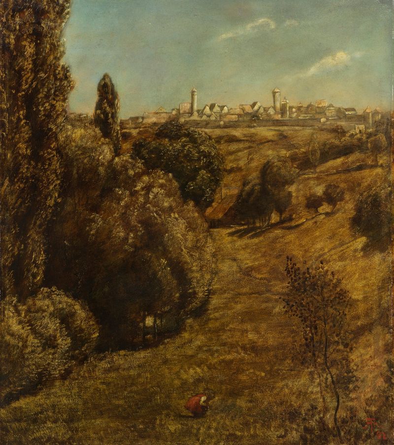 Paisagem com colinas onduladas e uma aldeia de Hans Thoma, pintura a óleo
