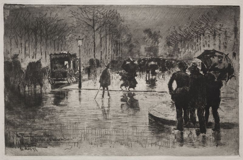 Cena figurativa retratando artistas em trajes escuros de Félix Hilaire Buhot, 1877