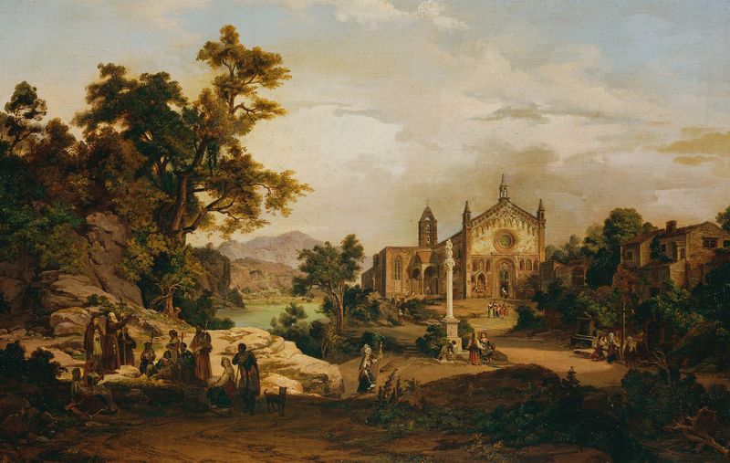 Pintura romântica de Georg Petzolt representando uma paisagem com peregrinos e colinas.