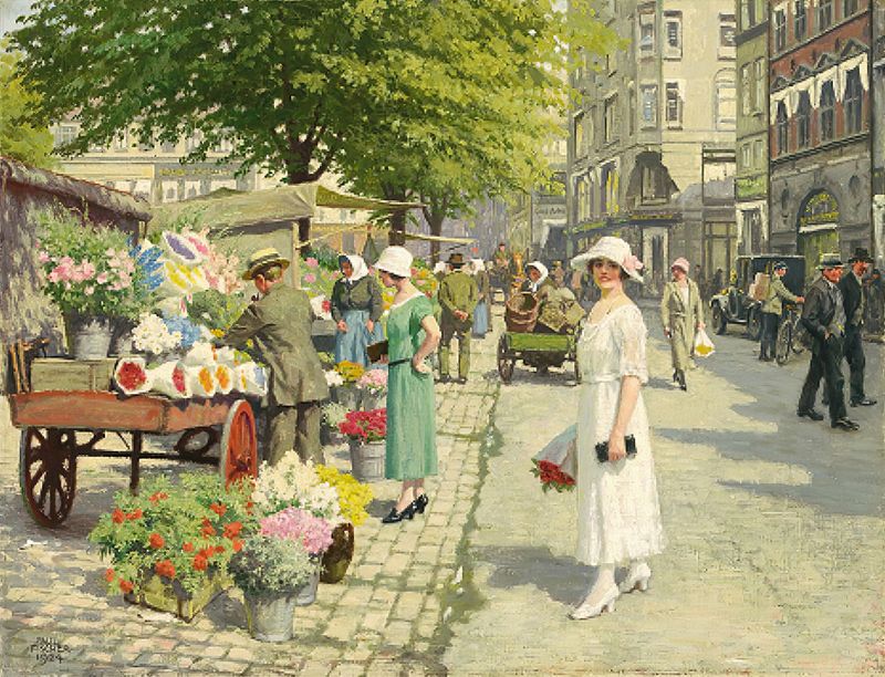 Impressionism by Paul Fischer depicting a vibrant marketplace with flowers