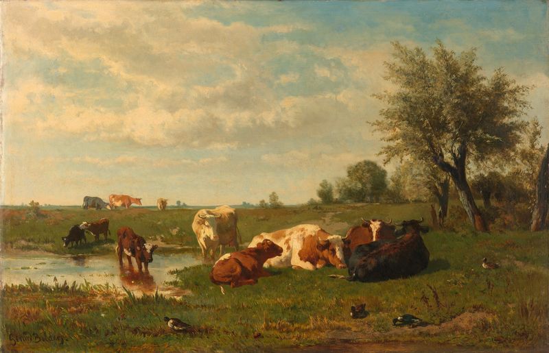 Cows grazing in a green meadow, oil on canvas by Gerard Bilders