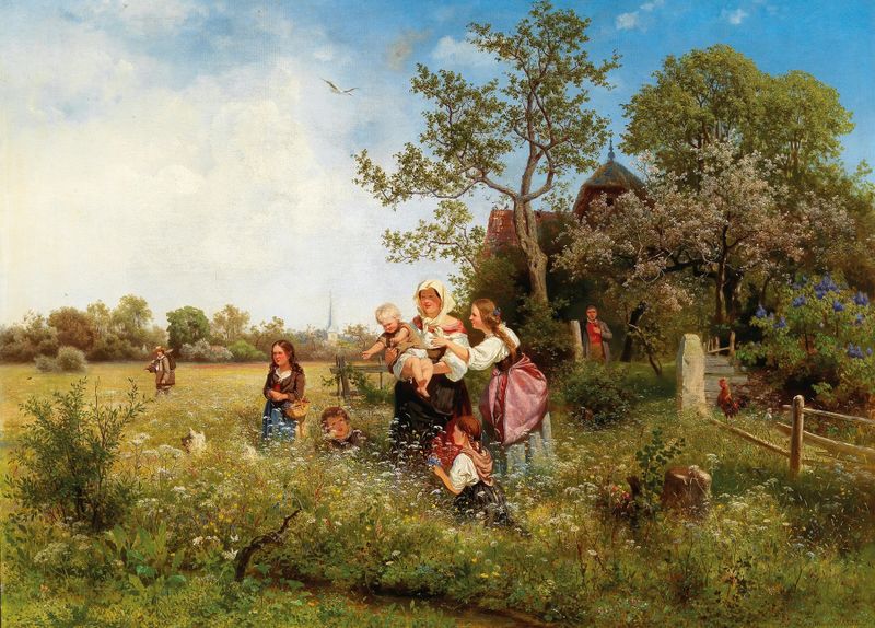 A springtime landscape by Eduard Leonhardi, oil on canvas depicting a vibrant meadow with wildflowers.