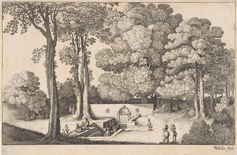 Gravura de Wenceslaus Hollar retratando uma paisagem serena com colinas e uma mina tranquila
