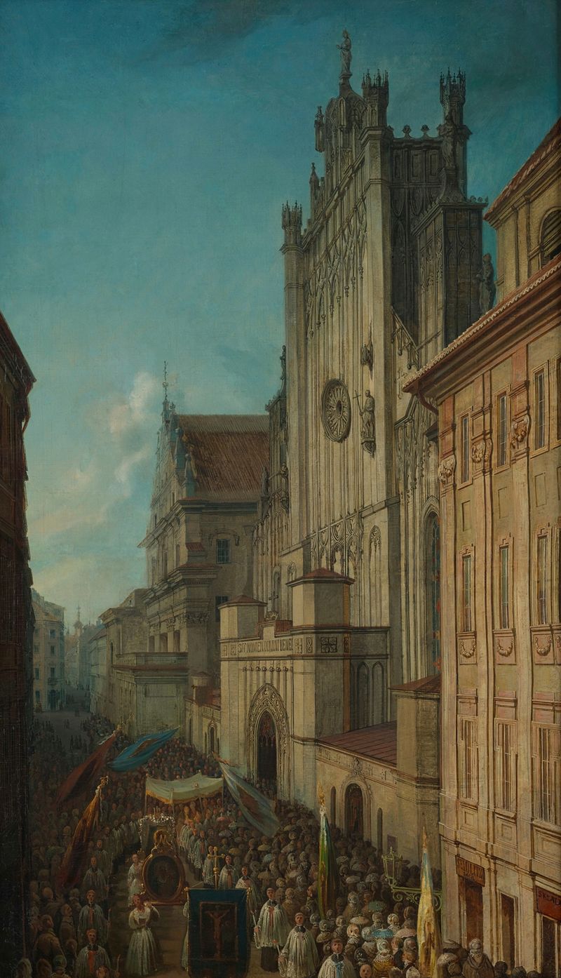 Genre scene depicting a procession on a cobblestone street, oil painting by Jan Seydlitz, 1860