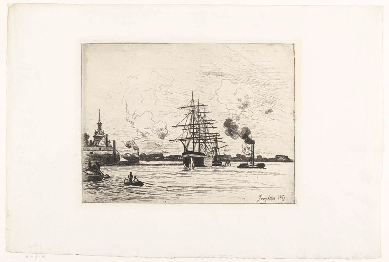 Gravura de uma cena de porto com barcos e reflexos de Johan Barthold Jongkind