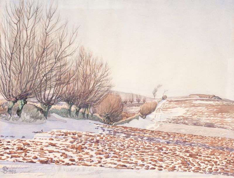 Landskab med piletræer og pløjemark i sne, oil painting by Fritz Syberg