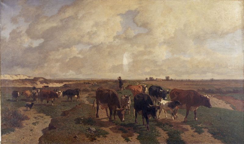 Paisaje con Animales cerca de Knokke-Heist de Louis Robbe, óleo sobre lienzo, con árboles y animales en un entorno tranquilo.