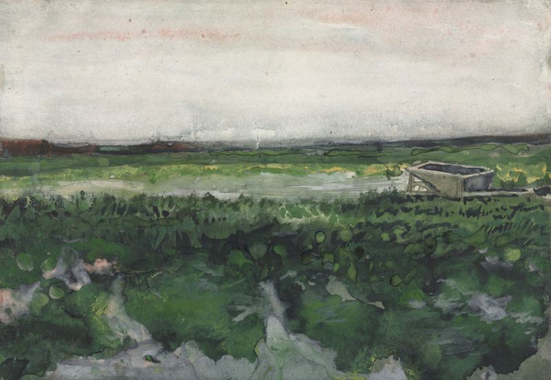 Paisaje con Carretilla, óleo sobre lienzo de Vincent van Gogh, con un campo vibrante y una carretilla.