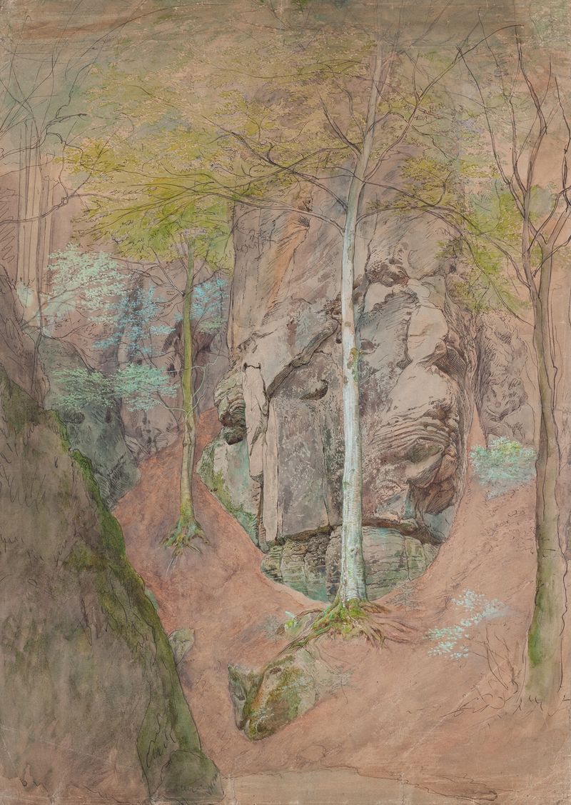 Paisaje con acantilados de arenisca y árboles, óleo sobre lienzo de Josef Mánes