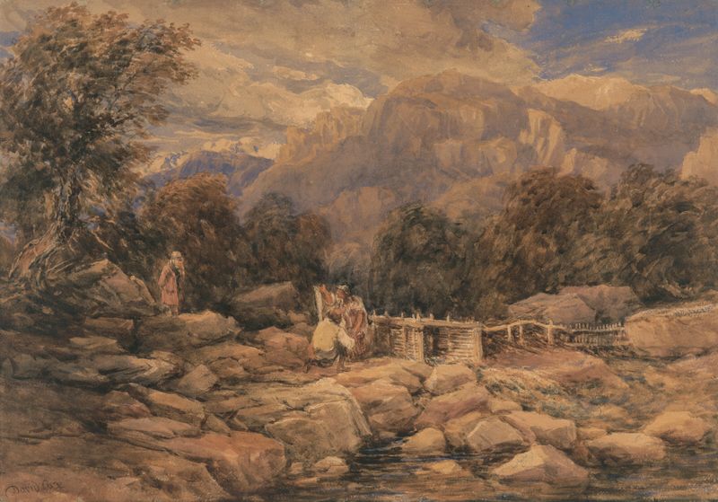 The Salmon Trap de David Cox, pintura al óleo que representa un río sereno con elementos de pesca.