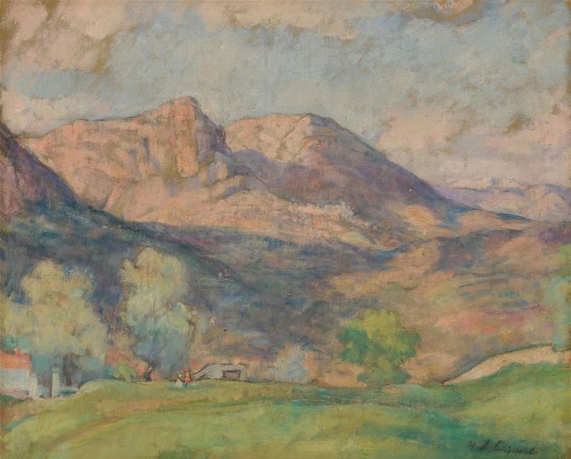 Paisagem com campos verdes e céu azul de Henri Lebasque, pintura a óleo