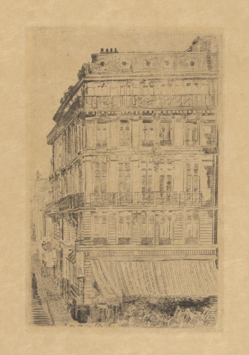 Huis op de Anspachlaan de James Ensor, pintura a óleo que retrata uma casa com sombras e um céu vibrante.