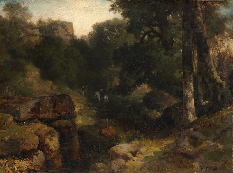 Paisaje de The Dell, pintura al óleo de Thomas Moran, con colinas verdes y un valle sereno.
