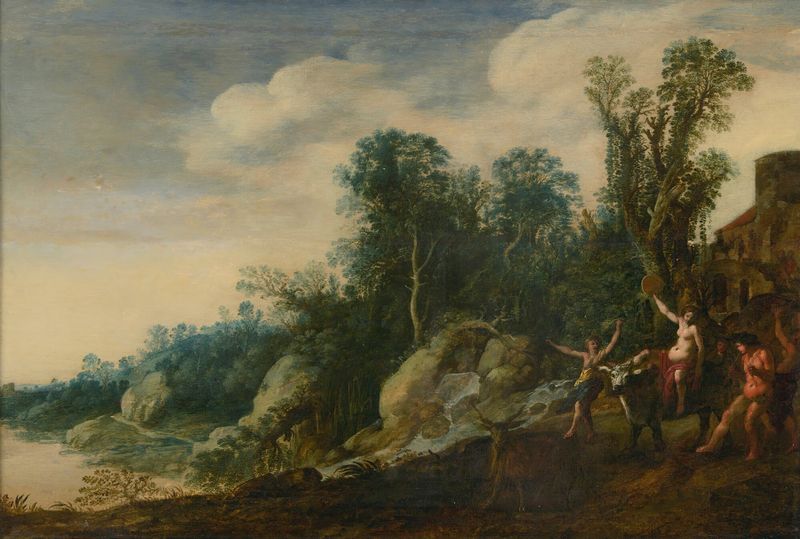 Obra rococó de Moyses van Uyttenbroek que muestra bacantes en un paisaje vibrante.