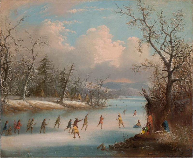 Indians Playing Lacrosse on the Ice by Edmund C. Coates, oil painting depicting players in colorful attire on ice.
