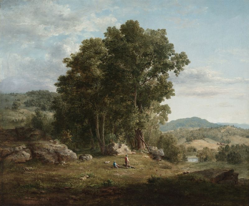 O Lenhador, óleo sobre tela de George Inness, retratando uma figura em uma floresta tranquila.