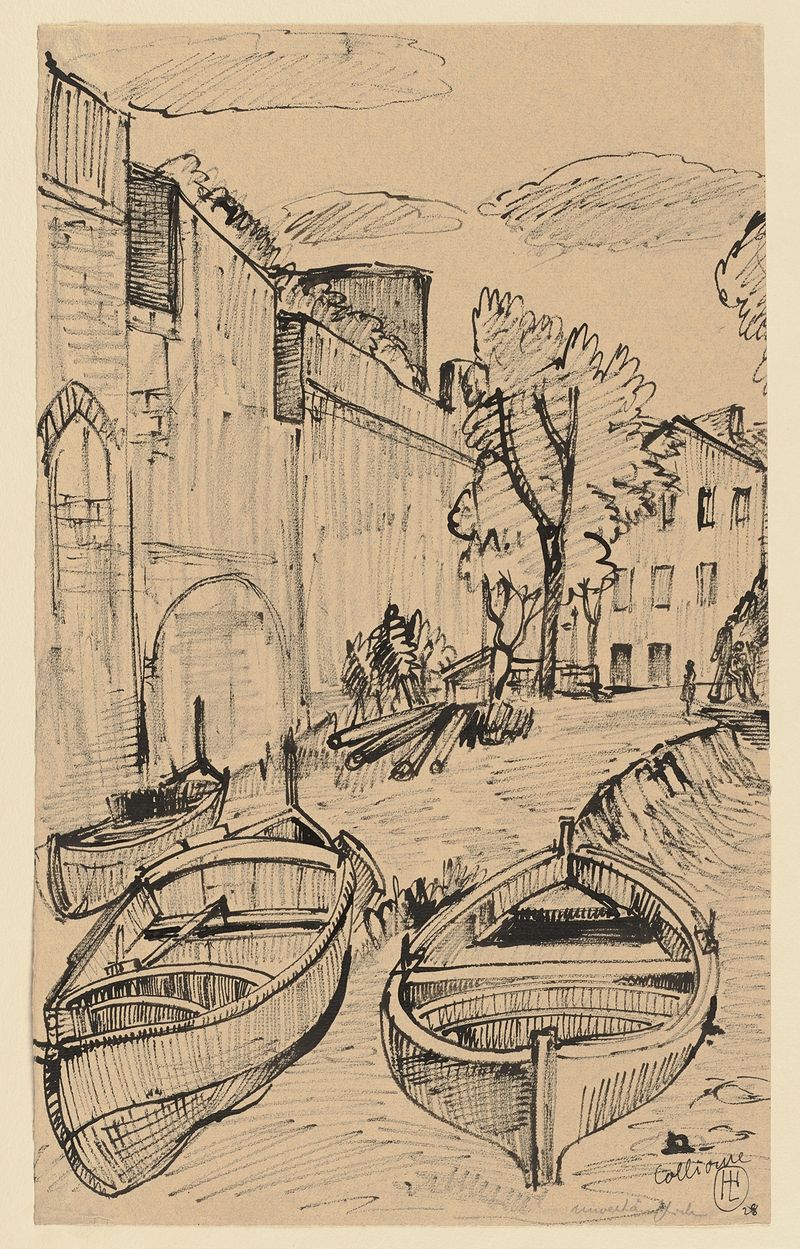 Zwei Boote im Hafen von Collioure by Hermann Lismann, impressionist oil painting depicting boats in a calm harbor.