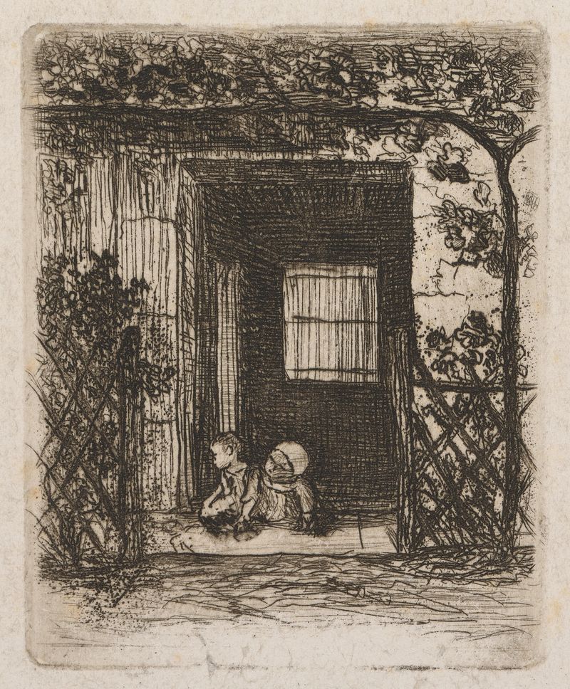 Engraving by Auguste Delâtre depicting children in a doorway