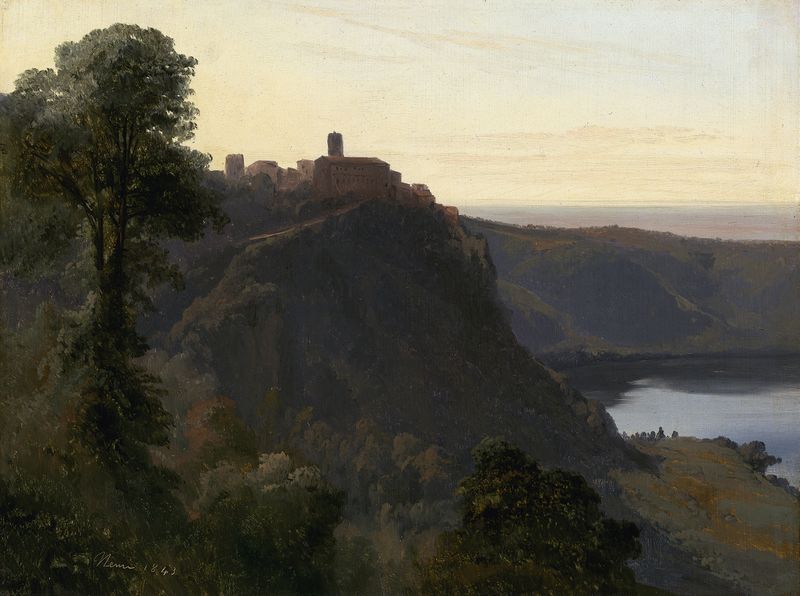 View of Lake Nemi by Jules Coignet, oil painting depicting tranquil lake and surrounding hills.