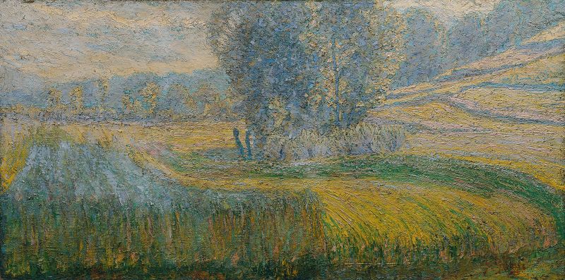 Paisaje vibrante con campos en tonos verdes y dorados, óleo sobre lienzo de Ivan Grohar