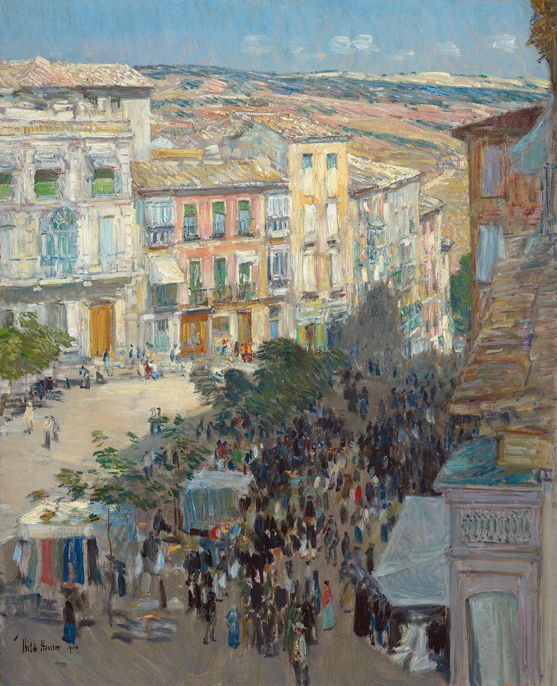 View of a Southern French City de Childe Hassam, óleo sobre tela, apresentando edifícios coloridos e luz.
