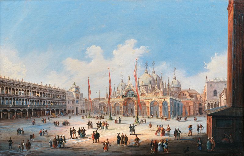Landscape of Venice, St Mark’s Square with reflections on water, by Carlo Grubas, Impressionism