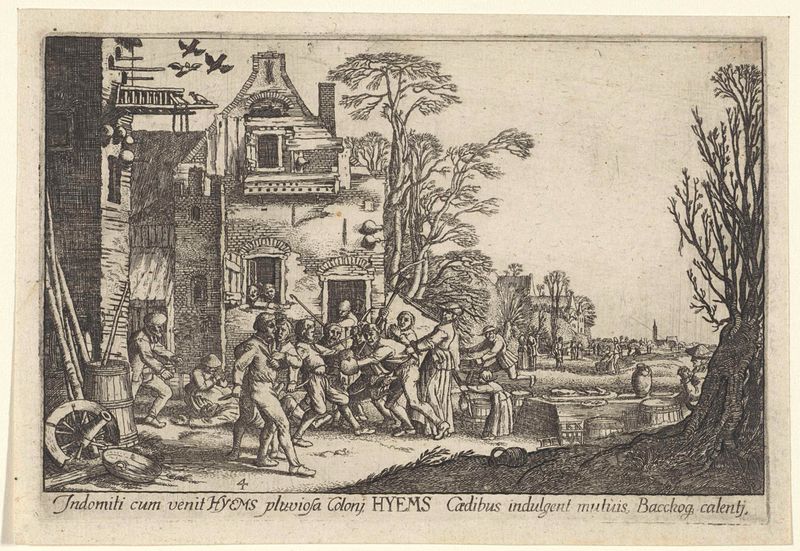 Grabado de Wenceslaus Hollar que muestra árboles desnudos y nieve en un paisaje invernal.