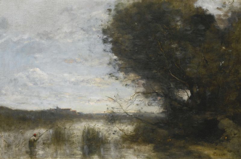 Paisagem com água e juncos, pintura a óleo de Jean-Baptiste-Camille Corot