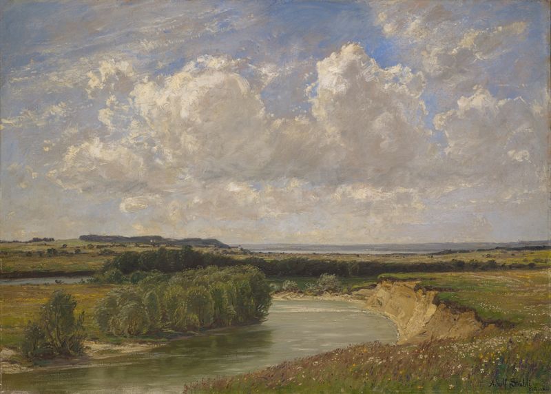 At the River Amper by Adolf Stäbli, oil painting depicting a tranquil river at twilight.