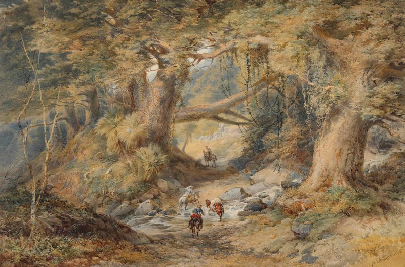 Pintura a óleo de Nicholas Chevalier representando o rio Teremakau e a natureza.