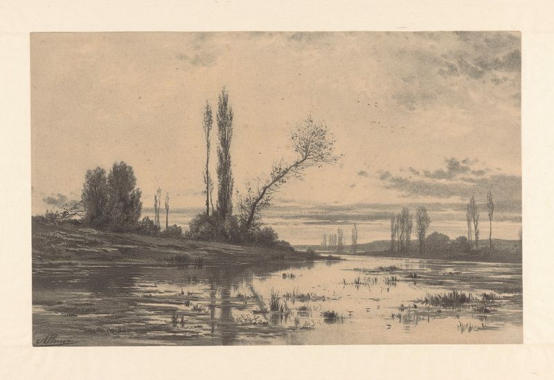 Water landscape by Auguste Allongé, oil on canvas, depicting serene water and reflections.