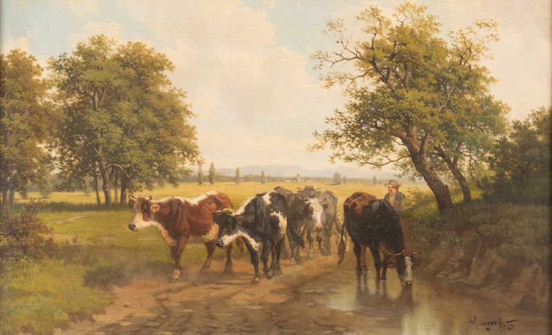 Rebanho de vacas em uma vasta paisagem, óleo sobre tela de Gustav Ranzoni