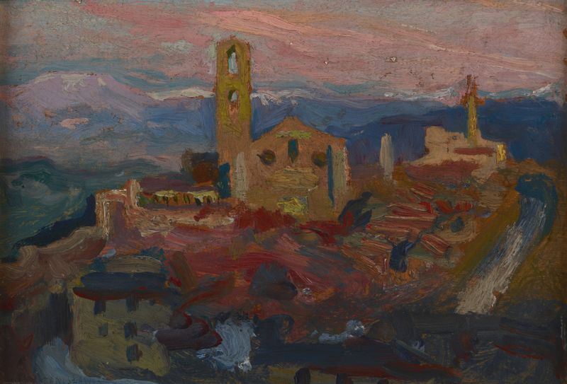 Paisagem pós-impressionista de Jan Stanisławski mostrando os telhados de Peruggia ao crepúsculo.