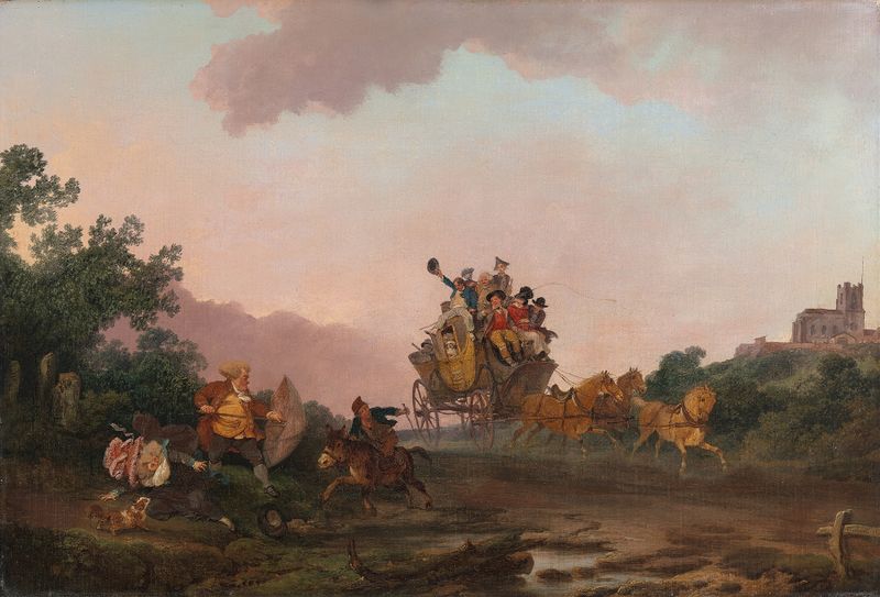 Óleo sobre lienzo de Philip James de Loutherbourg que muestra a los fiesteros en un carruaje al anochecer.
