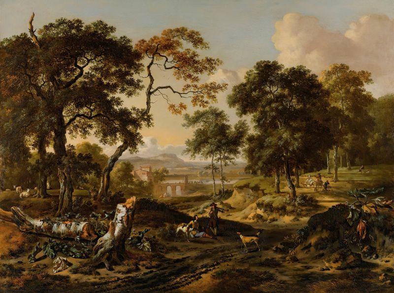 Paisaje con deportistas descansando junto a un camino, óleo sobre lienzo de Jan Wijnants