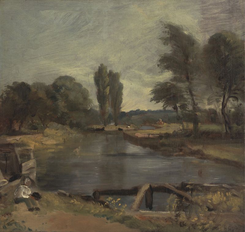 Flatford Lock de John Constable, óleo sobre tela que retrata uma cena de rio tranquila