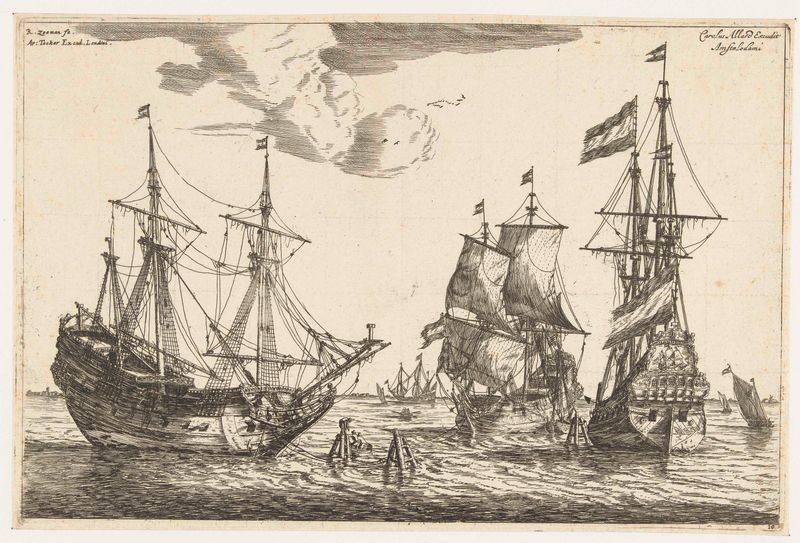 Grabado de Reinier Nooms que representa tres barcos anclados en el océano