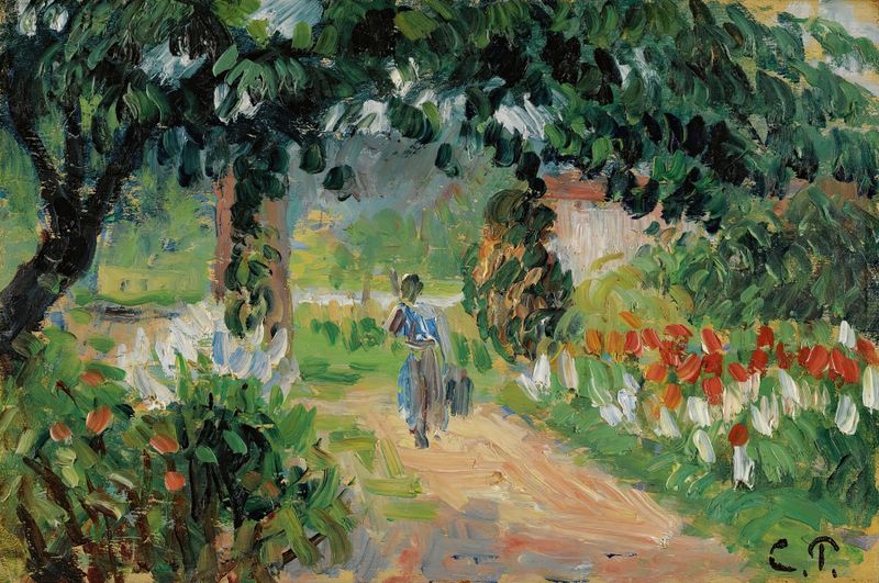 L’allée Du Jardin D’eragny, pintura a óleo de Camille Pissarro, retratando um caminho de jardim com flores vibrantes.