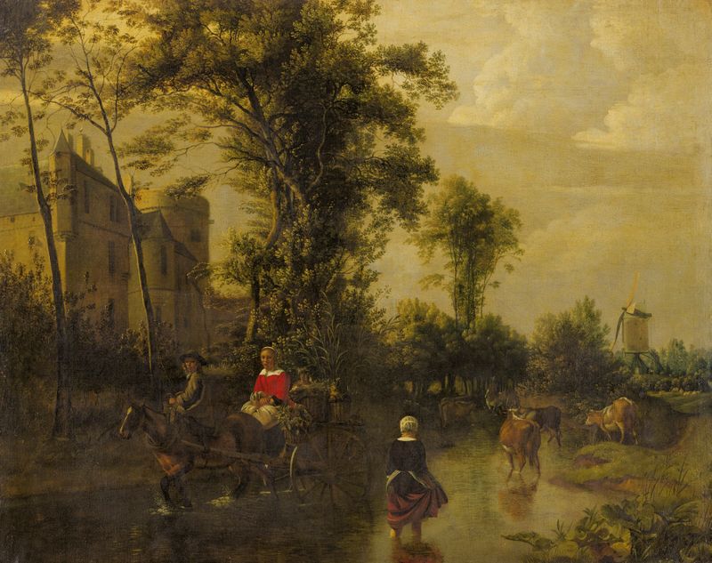 A river landscape with a horse-drawn cart and lady carrying vegetables, oil on canvas by Jan Siberechts