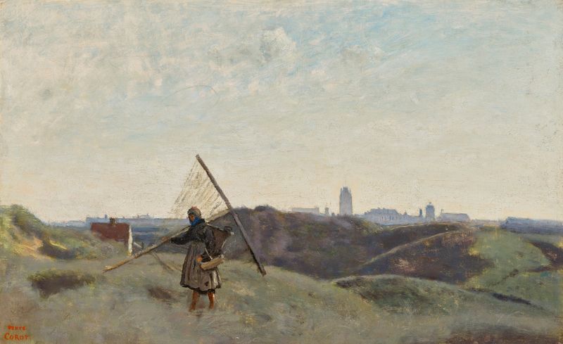 Cena marinha retratando uma pescadora de Jean-Baptiste-Camille Corot, pintura a óleo