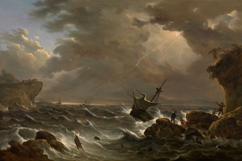 Tempestad en el Mar de Jan Baptiste Tency, pintura al óleo que muestra olas turbulentas del océano.