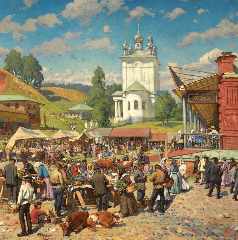 Market Day In Plyos de Alexander Vladimirovich Makovsky, pintura al óleo de una escena de mercado animada.