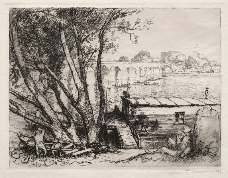 Le Pont de Poissy, gravura de Auguste Louis Lepère, retratando uma paisagem de rio tranquila.