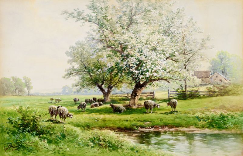 Pastoral Landscape de Carl Weber, óleo sobre tela retratando colinas e luz do sol filtrando através das árvores.