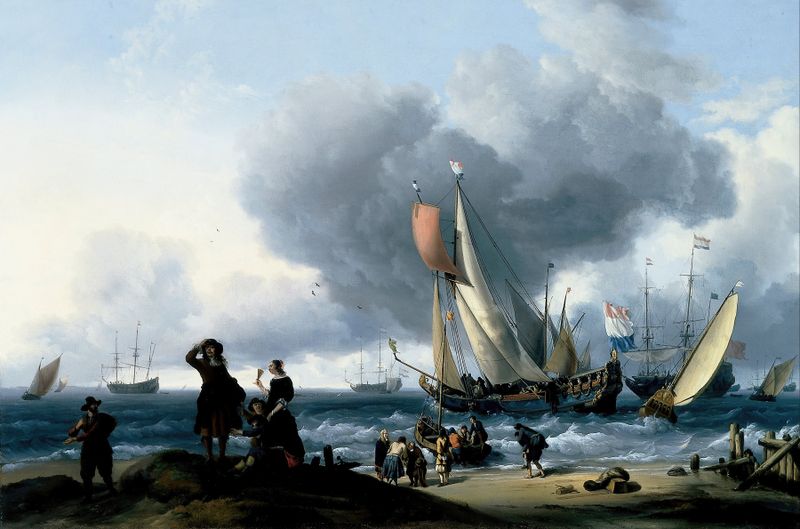 Dutchman Embarking onto a Yacht, óleo sobre tela de Ludolf Backhuysen