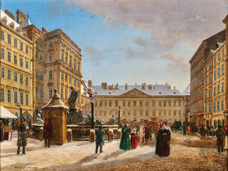 O Novo Mercado no Inverno, óleo sobre tela de Rudolf von Alt, retratando uma cena de mercado nevado com figuras.