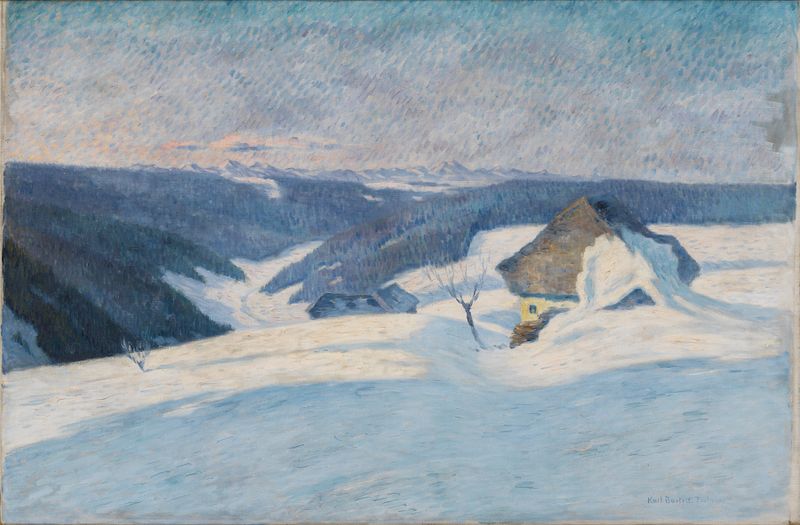 Wintersonne im Hochschwarzwald, óleo sobre tela de Karl Bartels, retratando uma paisagem de inverno com árvores e neve.